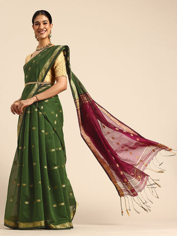 Pista Green & Magenta Zari Buti Silk Cotton Saree with blouse piece