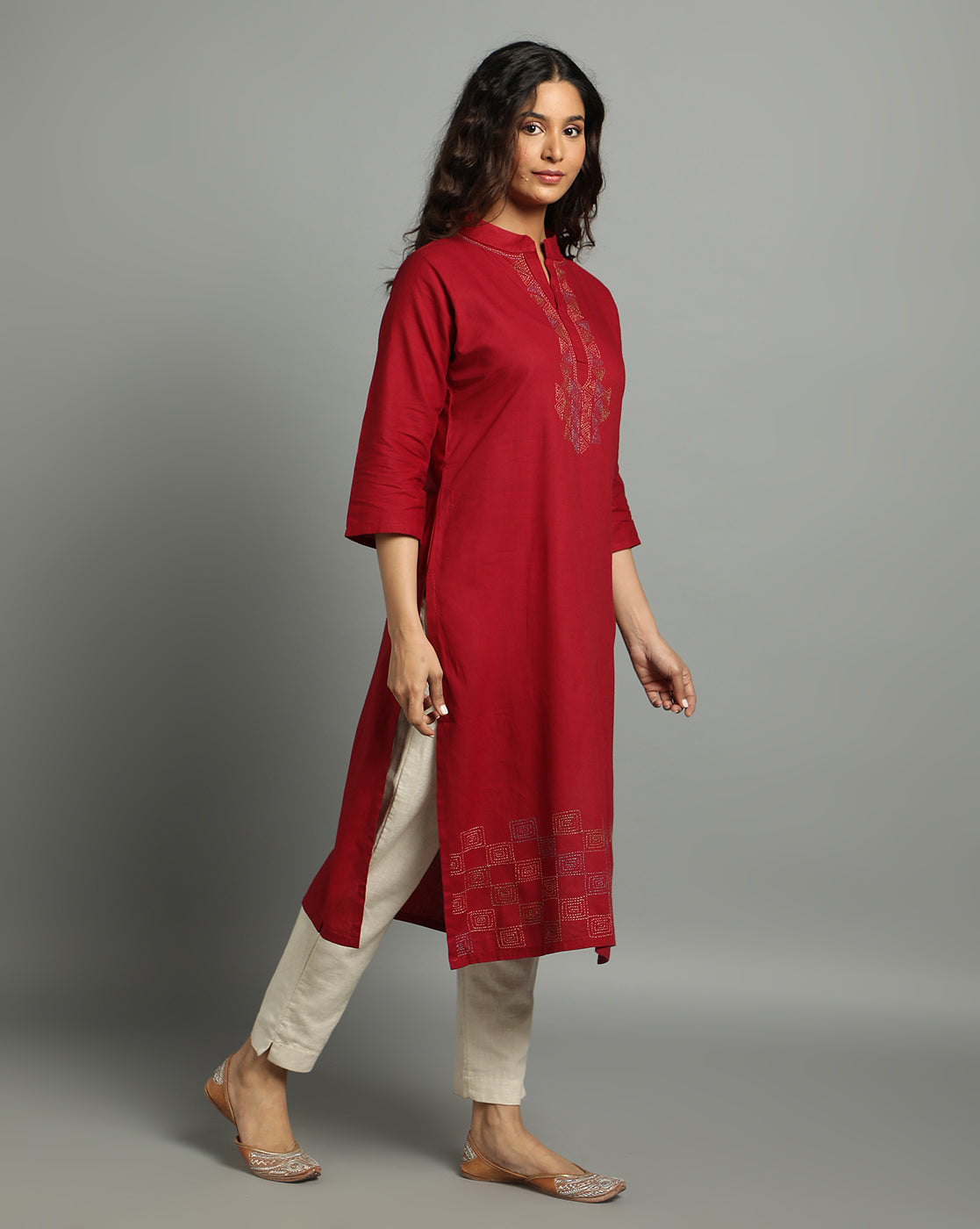 Maroon Kantha Cotton Kurta