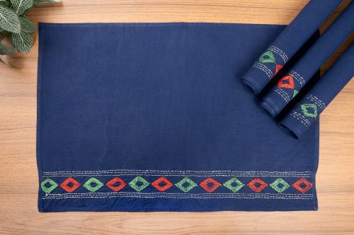 Blue Diamonds Kantha Cotton dining Table Runner & Table Mats- 4Pack