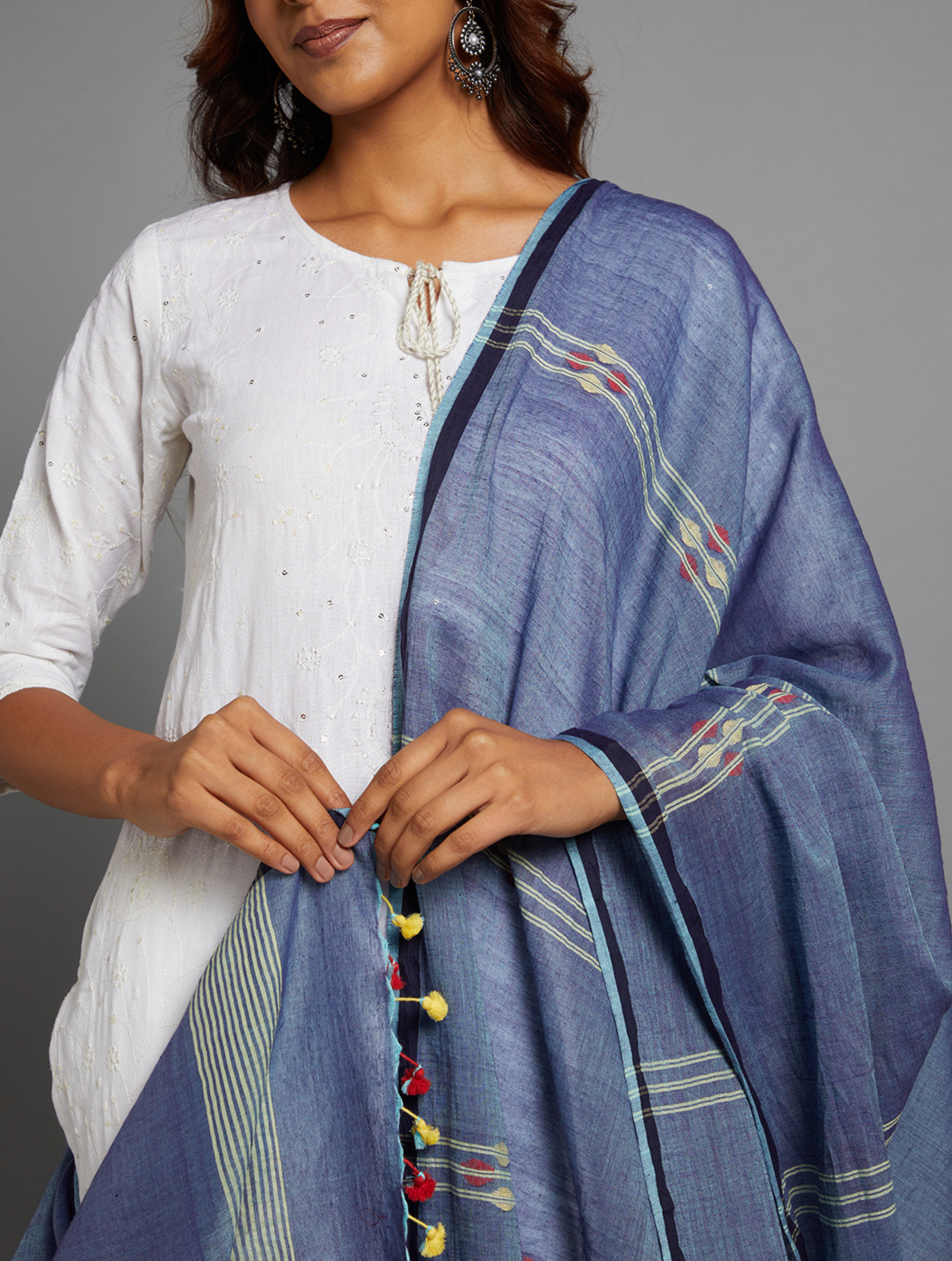 Blue Handloom Jamdani Cotton Dupatta with Pompoms