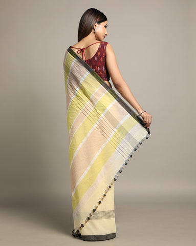 Yellow Cream Colour Block Cotton Saree with pompoms