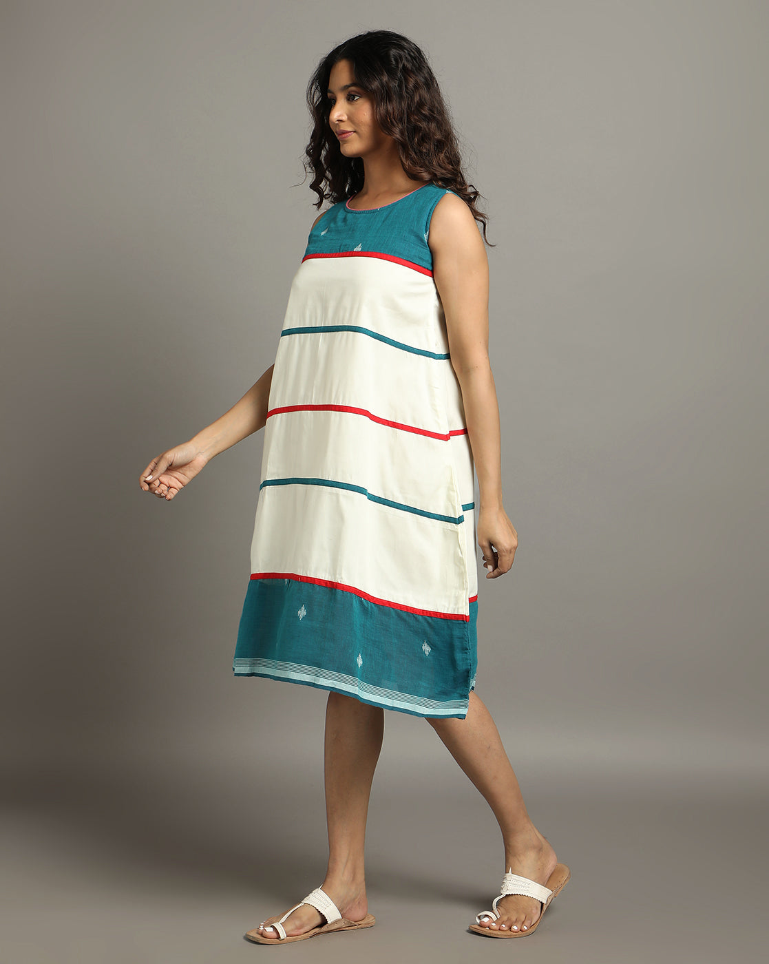 Cream Teal Green Cotton Handloom Striped dress