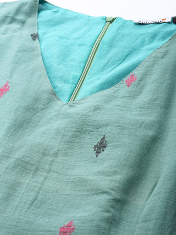 Sea Green Pink Cotton Handloom Dress