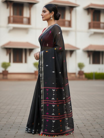 Black Handloom Jamdani Cotton Saree