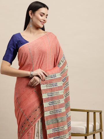 Peach Khesh Kantha Cotton  Saree