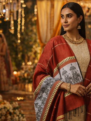 Red White Elephant Artsilk Baluchari dupatta Handloom