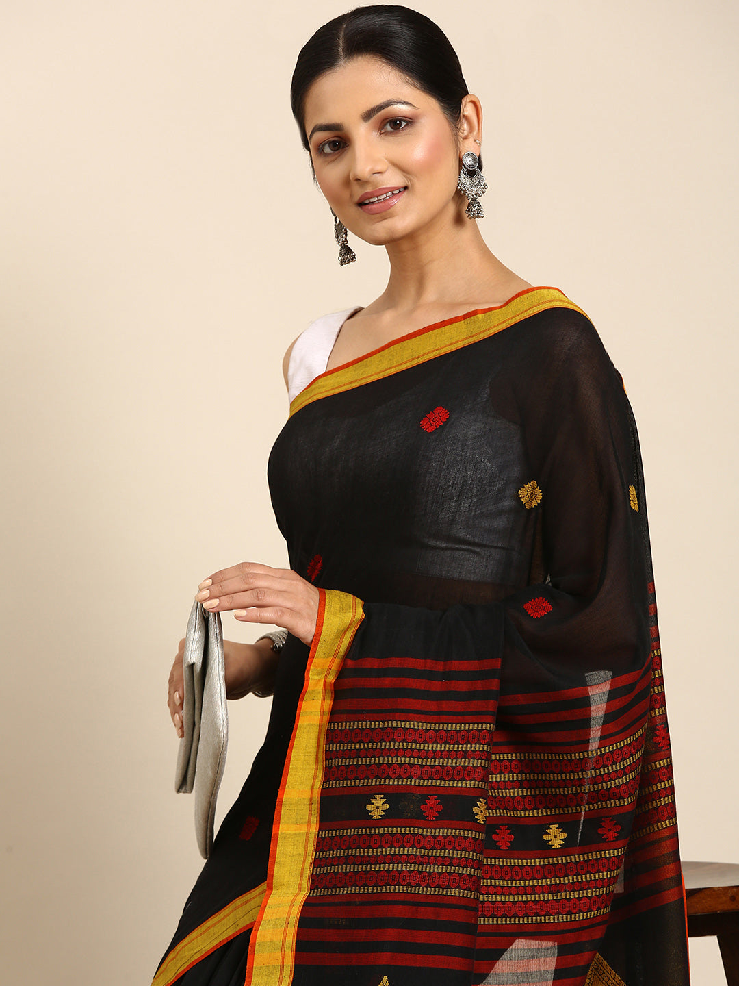 Black Yellow Handcrafted Jacquard Weave Cotton saree
