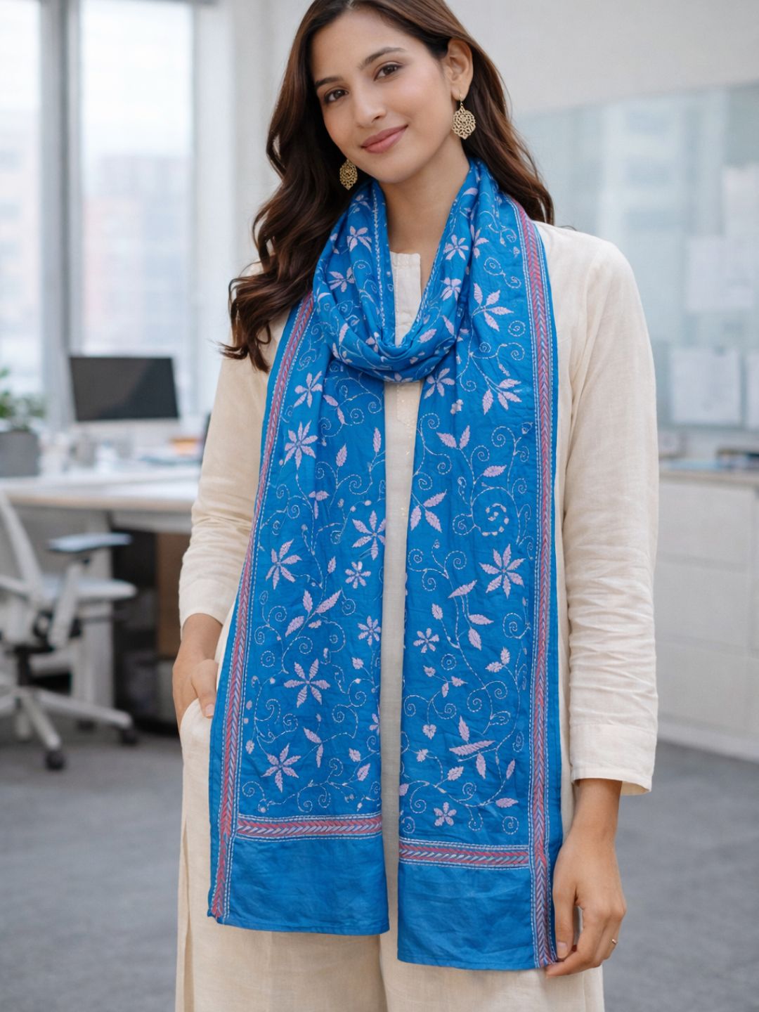 Blue hand- embroidered Cotton Kantha Scarf