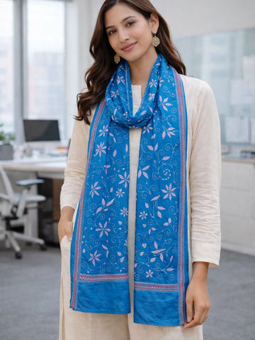 Blue hand- embroidered Cotton Kantha Scarf