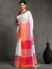 ArtEastri White Magenta Orange Colorblock Woven Cotton Saree with Blouse piece