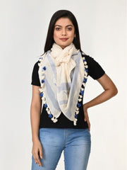 Ivory White Blue Handcrafted Cotton Jamdani Stole for women
