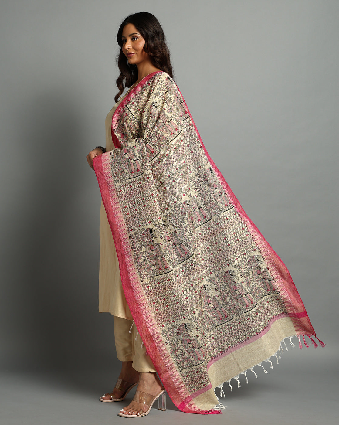 Pure Cotton Madhubani Print Dupatta- Machli Design