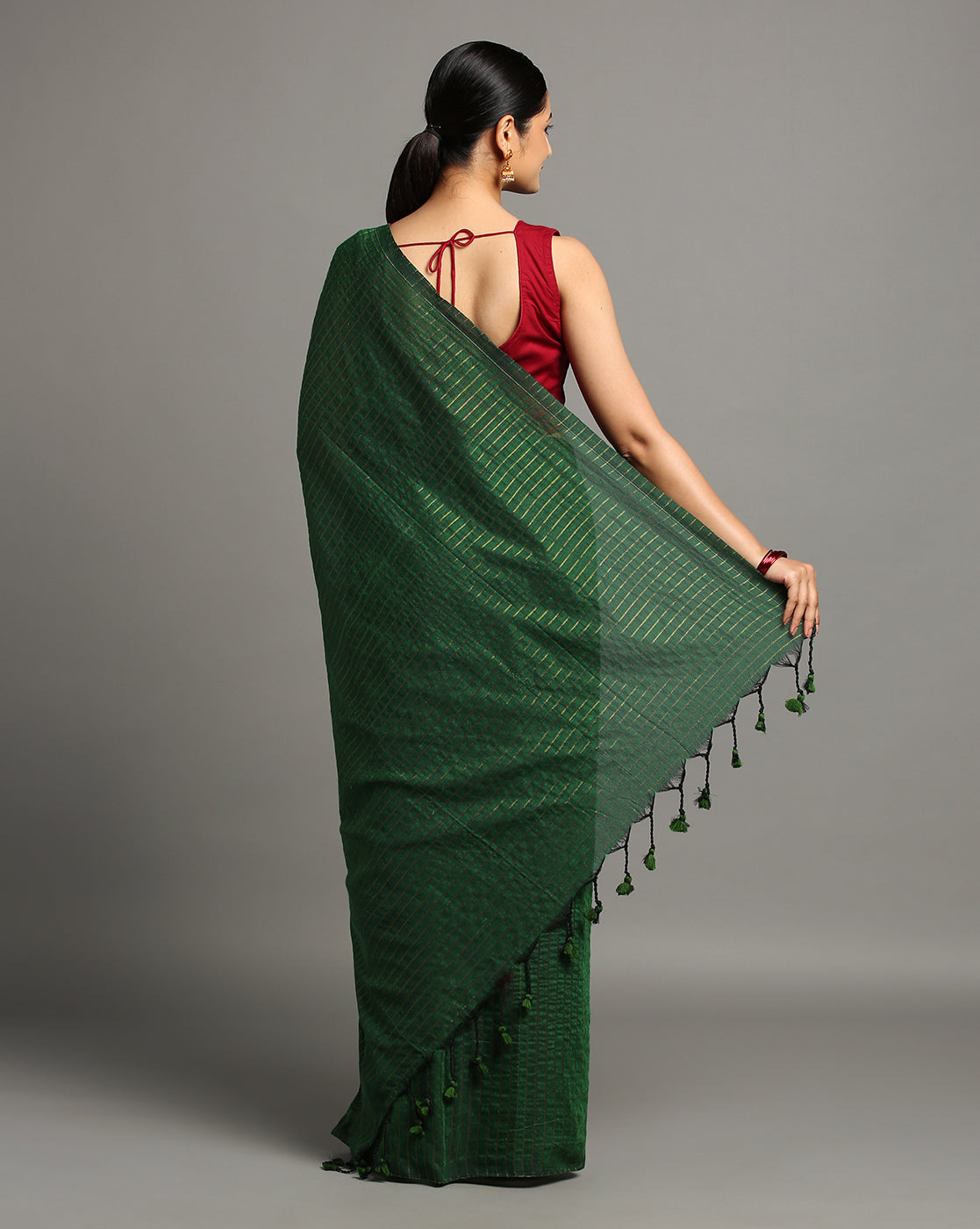 ArtEastri Green Striped Cotton Saree With Blouse Piece