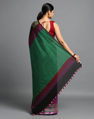 ArtEastri Handloom Black Magenta Colorblock Cotton  Kantha Saree