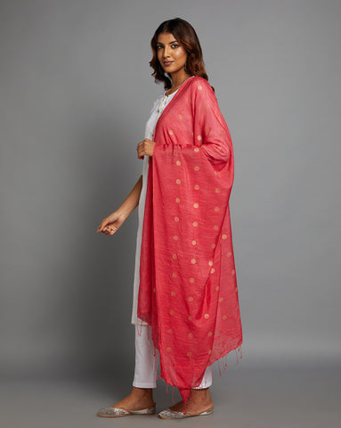 Peach Zari  Woven Jacquard Cotton Dupatta