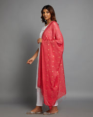 Peach Zari  Woven Jacquard Cotton Dupatta