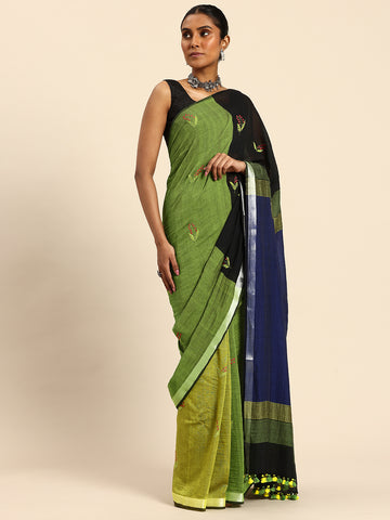 Green & Blue Multi Colourblock Handloom Cotton Kantha Stitch Saree