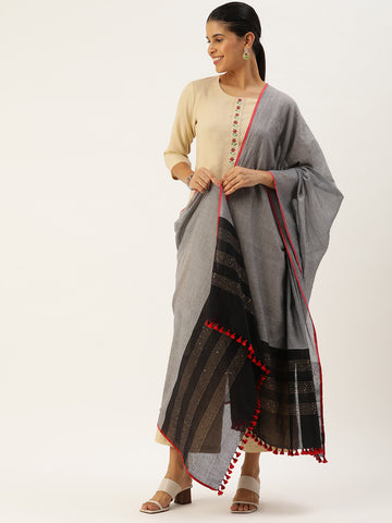 Grey Black Sequins Cotton Dupatta