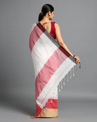 ArtEastri White Red Colorblock Cotton Saree with Blouse piece