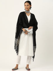 Black & White Handloom Cotton Jacquard Dupatta with tassels
