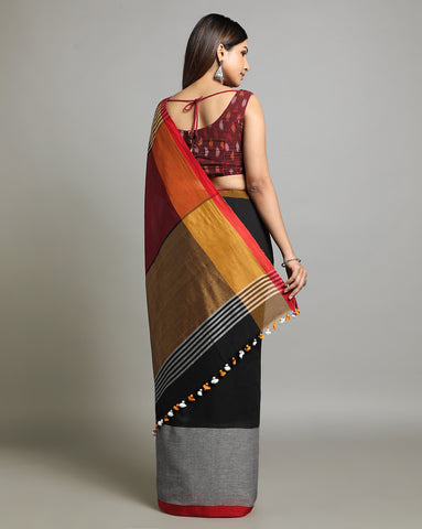 Handloom Colour block Cotton Saree with pompoms