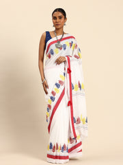 ArtEastri Handloom White Red Kantha Saree with Blouse piece