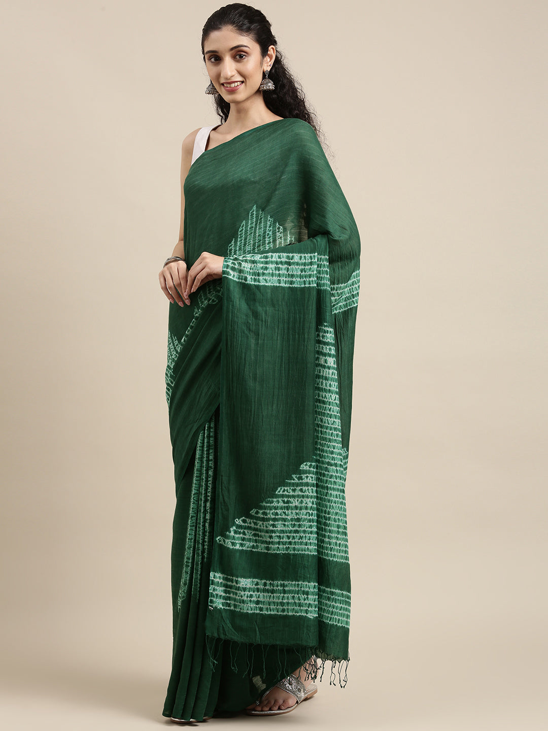 Dark Green Handloom woven Shibori Cotton Saree