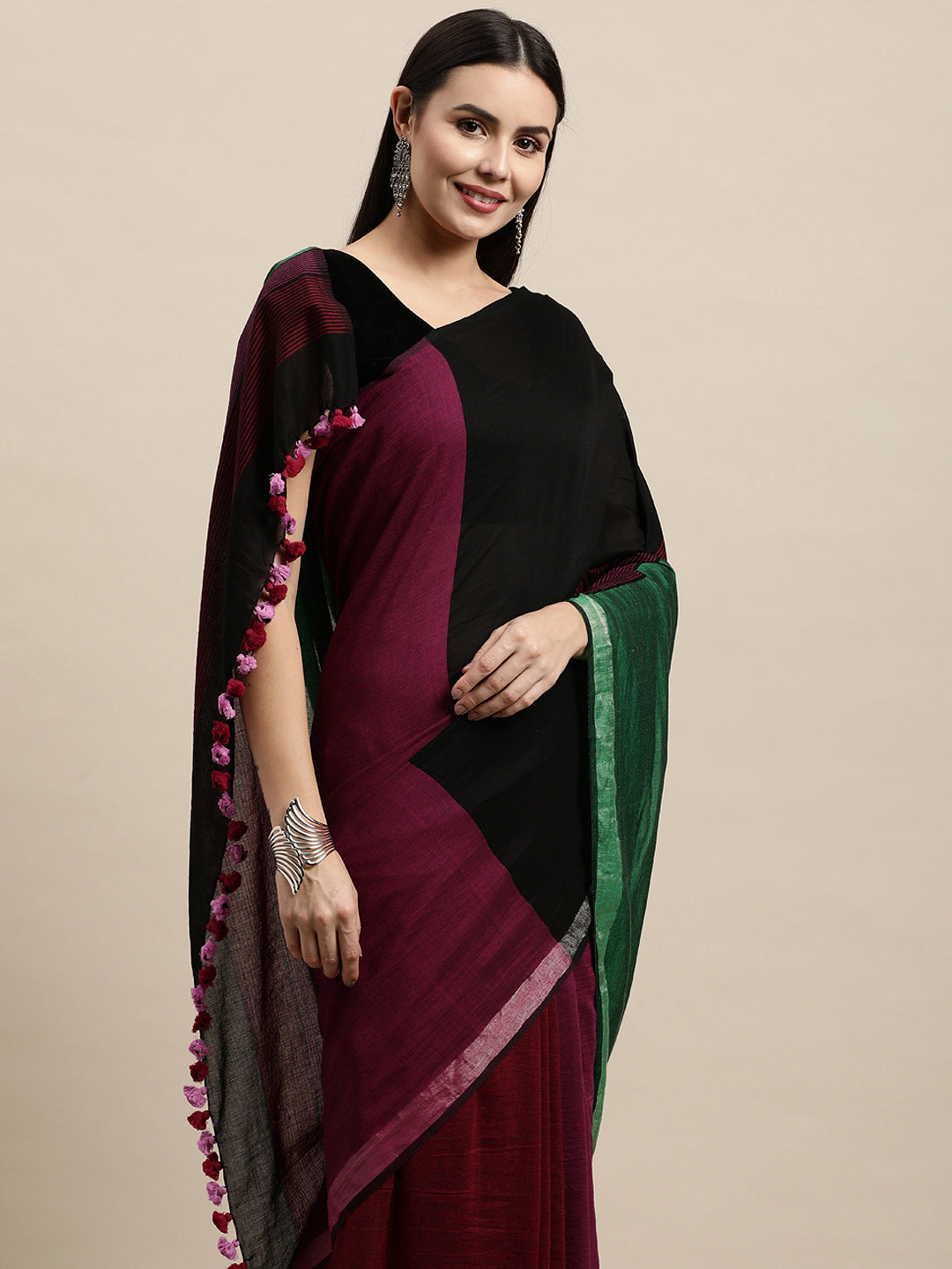 Colour block Cotton Saree with pompoms