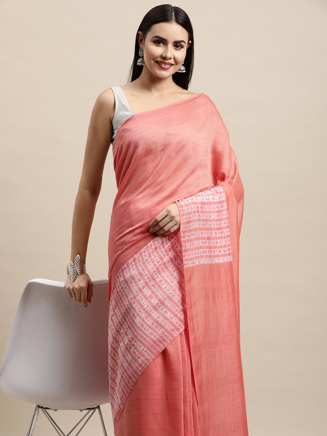 Coral Pink Ivory Shibori Cotton Saree