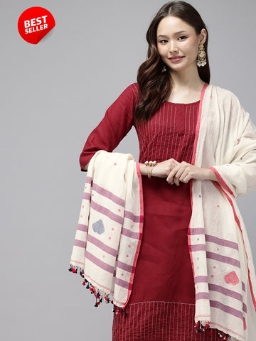 Cream  Handloom Jamdani Cotton Dupatta with Pompoms