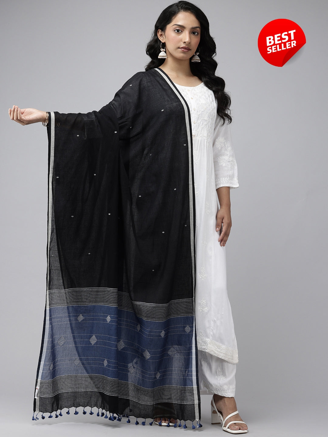 Black Blue Handloom Jamdani Cotton Dupatta with Pompoms