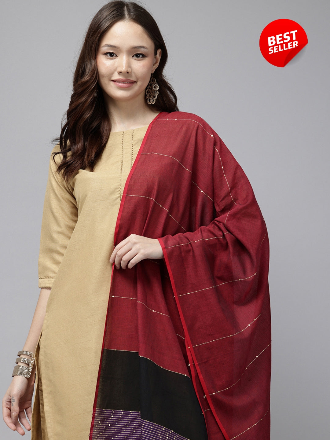 Red Black Colourblock Handloom Cotton Sequins Dupatta