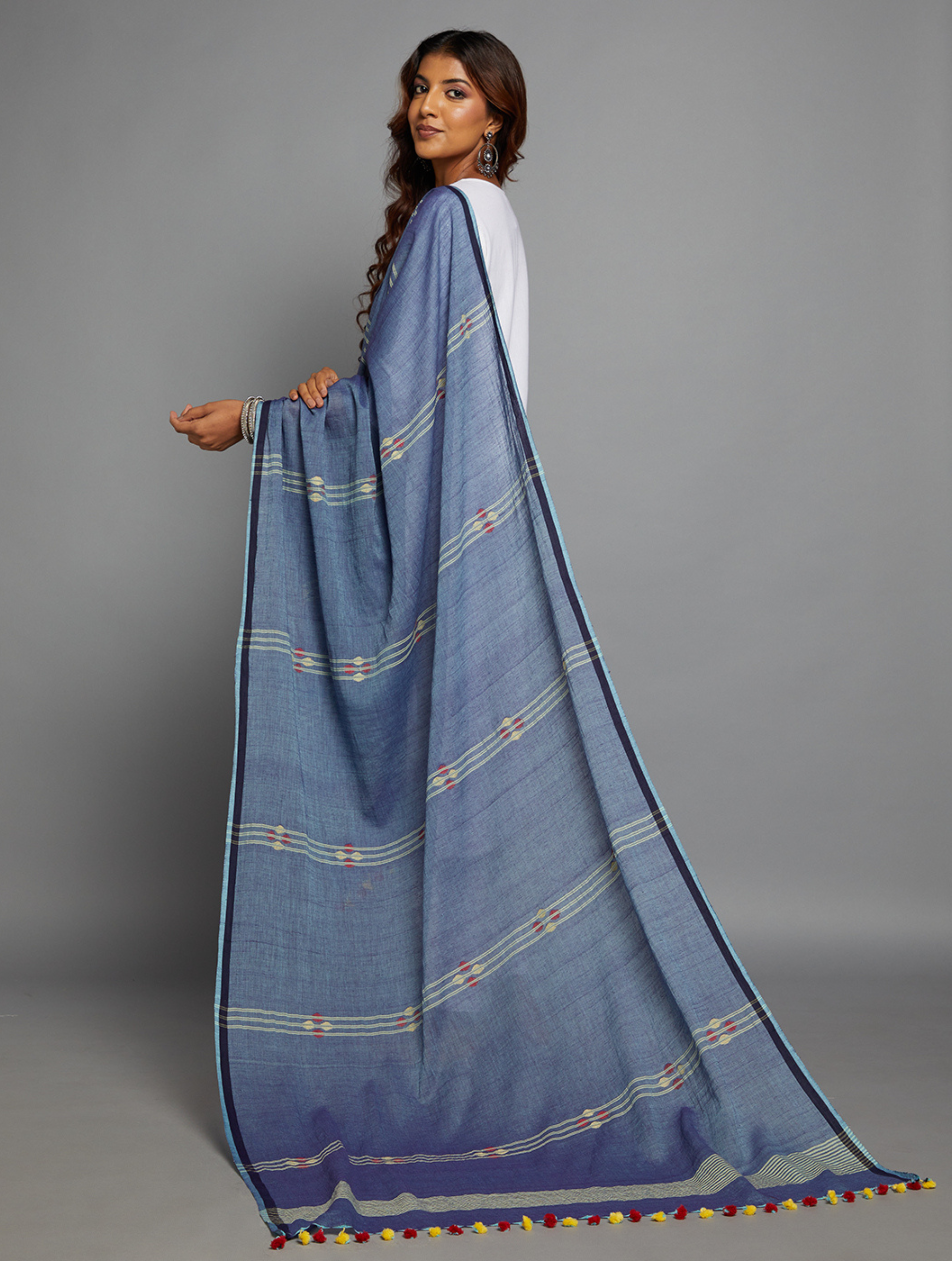 Blue Handloom Jamdani Cotton Dupatta with Pompoms