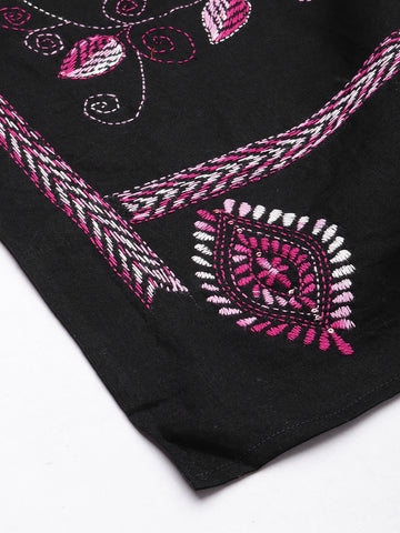Black Mauve Kantha Stitch Cotton Dupatta