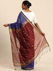 Blue & Red Zari Buti Silk Cotton Saree with blouse piece