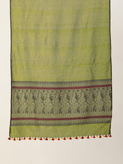Olive Green Yellow Handwoven Silk cotton Baluchari Dupatta