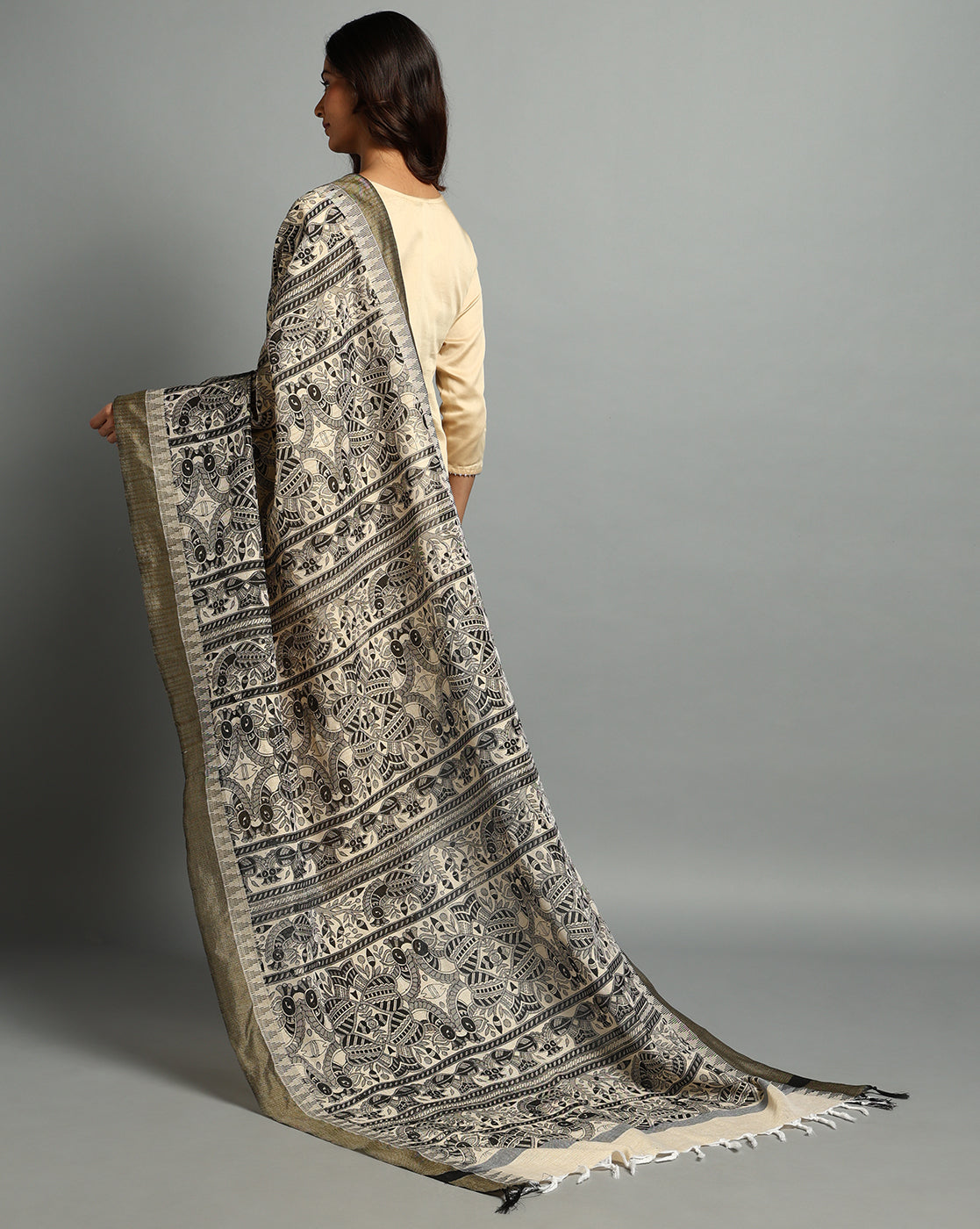 Black Madhubani Jacquard Cotton Print Dupatta