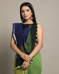 Colour block Cotton Saree with pompoms