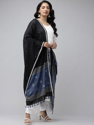 Black Blue Handloom Jamdani Cotton Dupatta with Pompoms