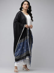 Black Blue Handloom Jamdani Cotton Dupatta with Pompoms