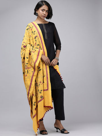Mustard yellow Kantha Stitch Cotton Dupatta