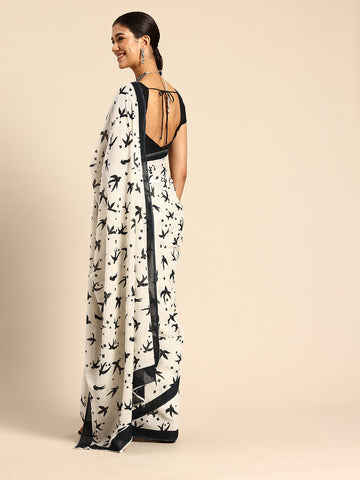 Cream Pure cotton Printed Saree with blouse piece