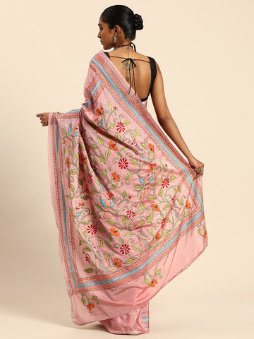 ArtEastri Light Pink Art Silk Kantha Stitch Saree With Blouse Piece