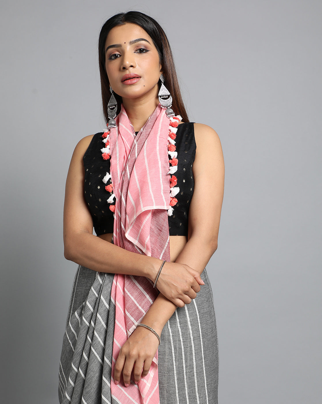 Handwoven Cotton Saree with pompoms