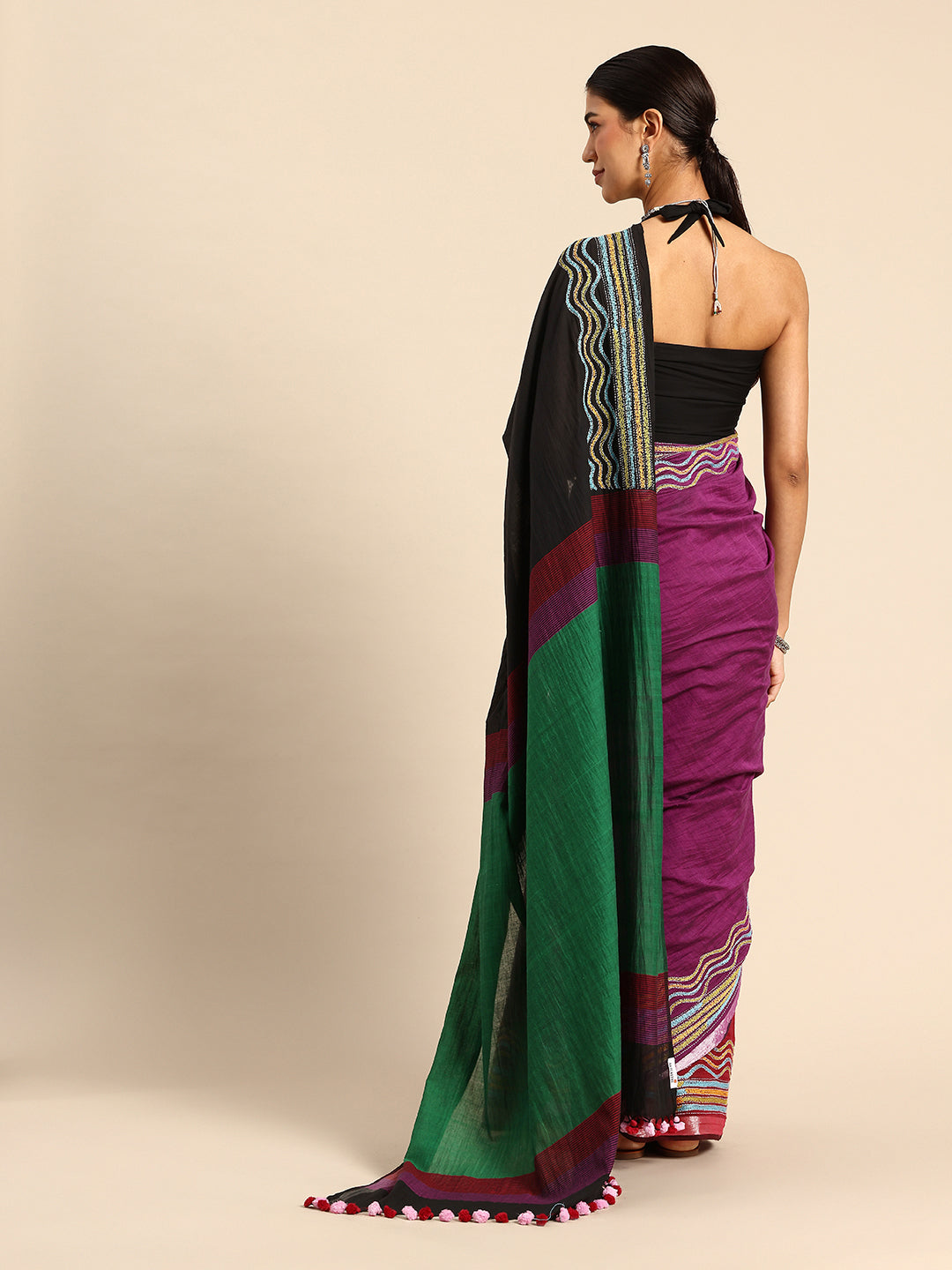 ArtEastri Handloom Black Magenta Colorblock Cotton  Kantha Saree
