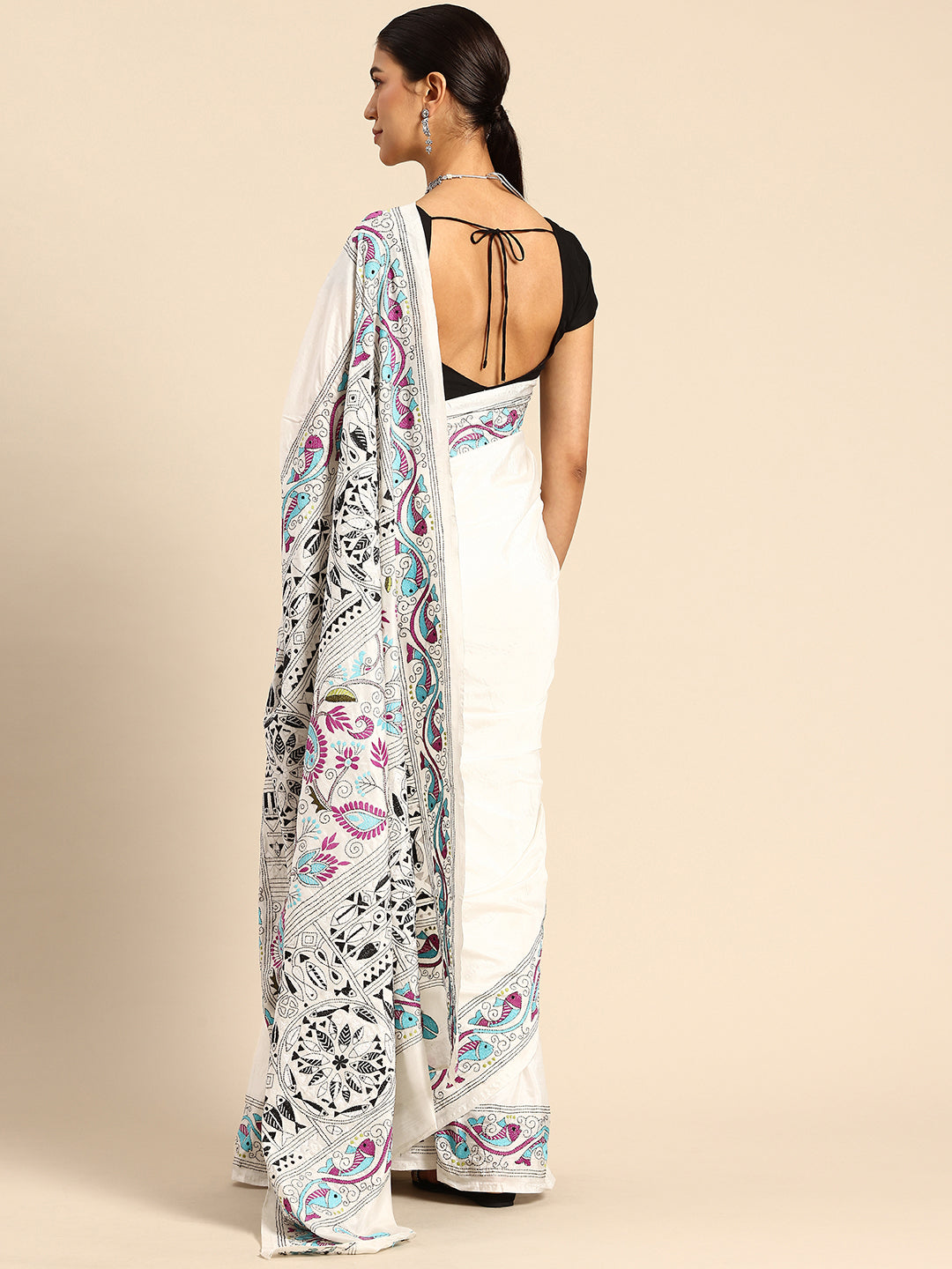 ArtEastri Handloom White Silk Kantha Saree with Blouse piece