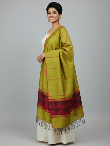 Handloom Lime Green Red Blended Silk Dupatta
