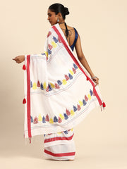 ArtEastri Handloom White Red Kantha Saree with Blouse piece