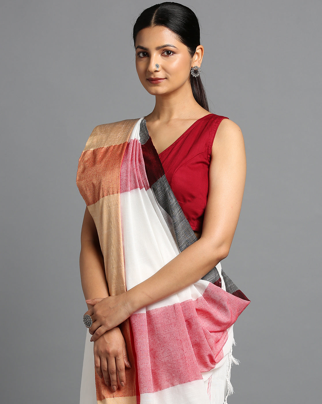 Handloom Colorblock Woven Cotton Saree with Blouse piece