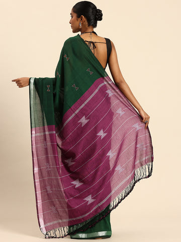 ArtEastri Green Magenta handloom Cotton Kantha Stitch Saree